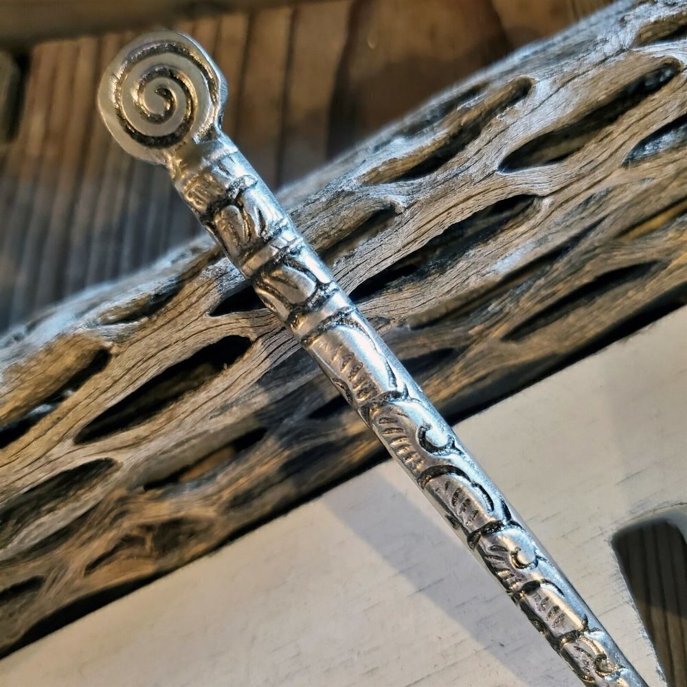 Tribal Carved Swirls India Antique Sterling Silver Plated Brass 6" Hair Stick